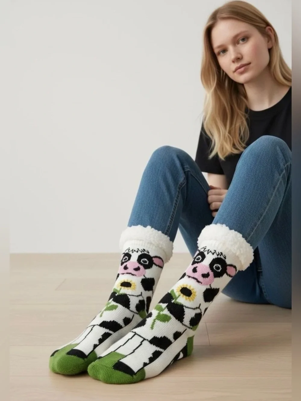 Kids Cow Print Fuzzy Cuff Socks in White, Black & Pink
